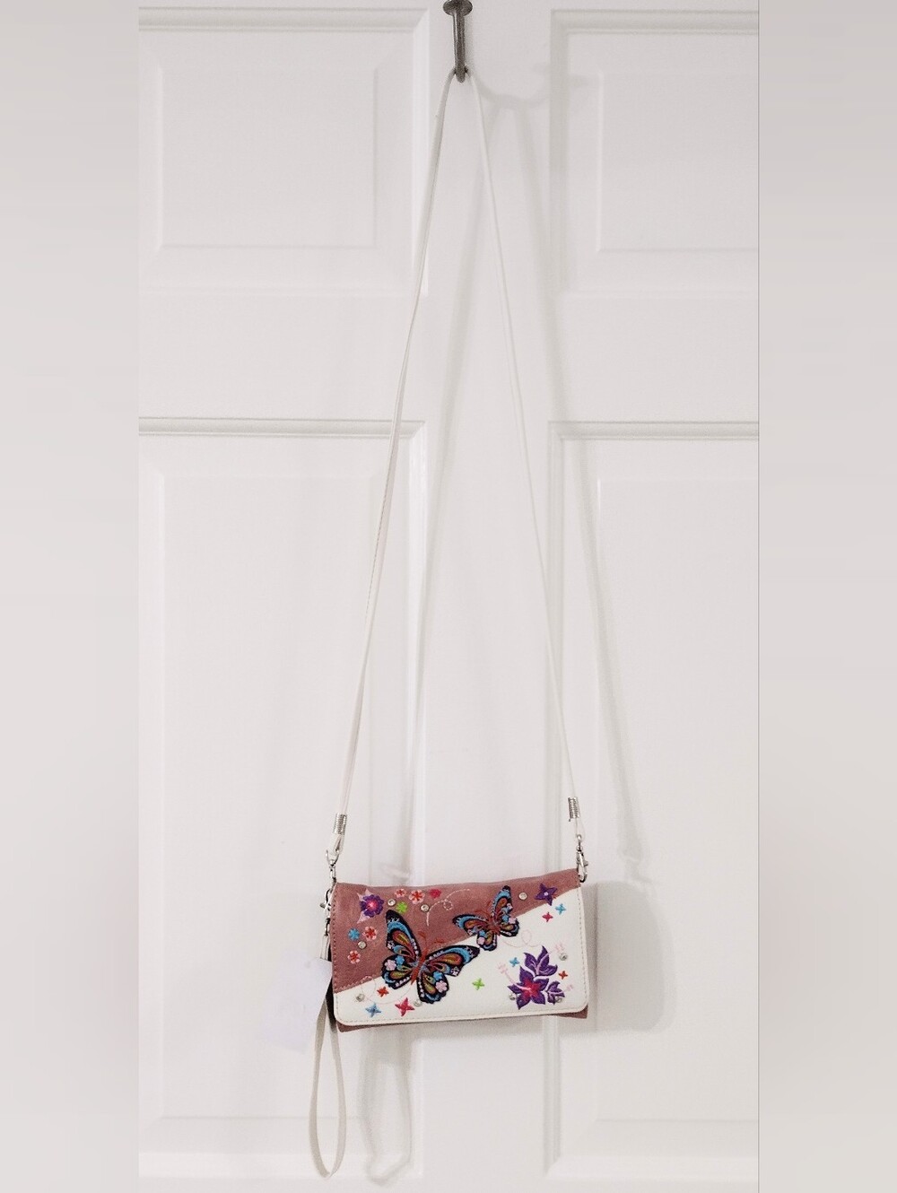 White and Pink Butterfly Crossbody Bag
